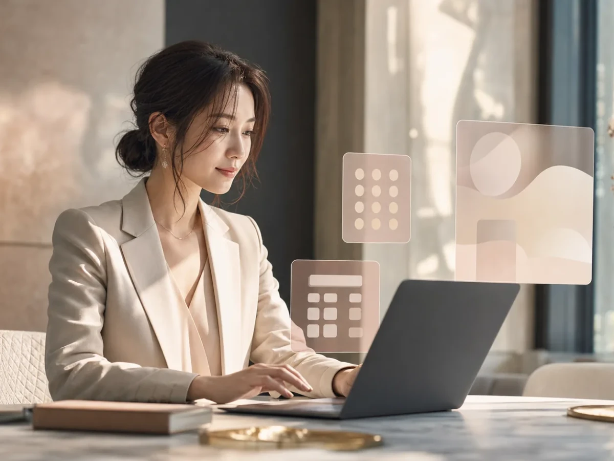 Canva Code 2.0でWeb体験を設計する30代の女性経営者のイメージ