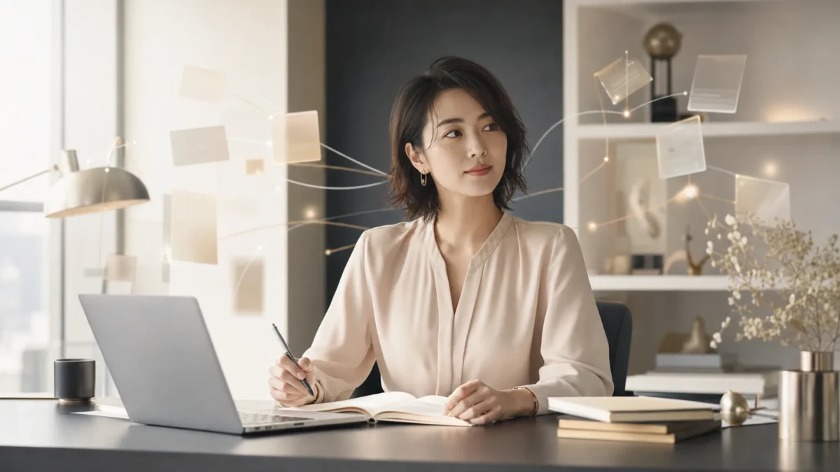 Gemini Notebookで事業の知識を整理する30代の女性経営者のイメージ