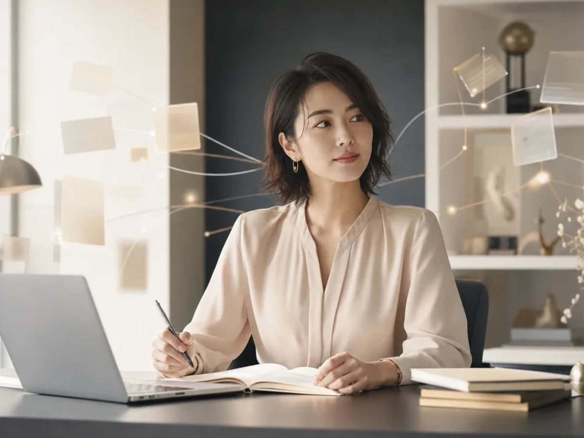 Gemini Notebookで事業の知識を整理する30代の女性経営者のイメージ