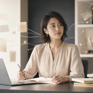 Gemini Notebookで事業の知識を整理する30代の女性経営者のイメージ