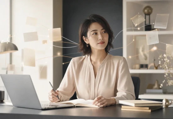 Gemini Notebookで事業の知識を整理する30代の女性経営者のイメージ