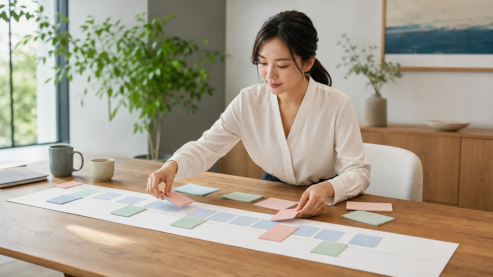二つの予定表を一つの時間軸へ整理する30代の日本人女性経営者