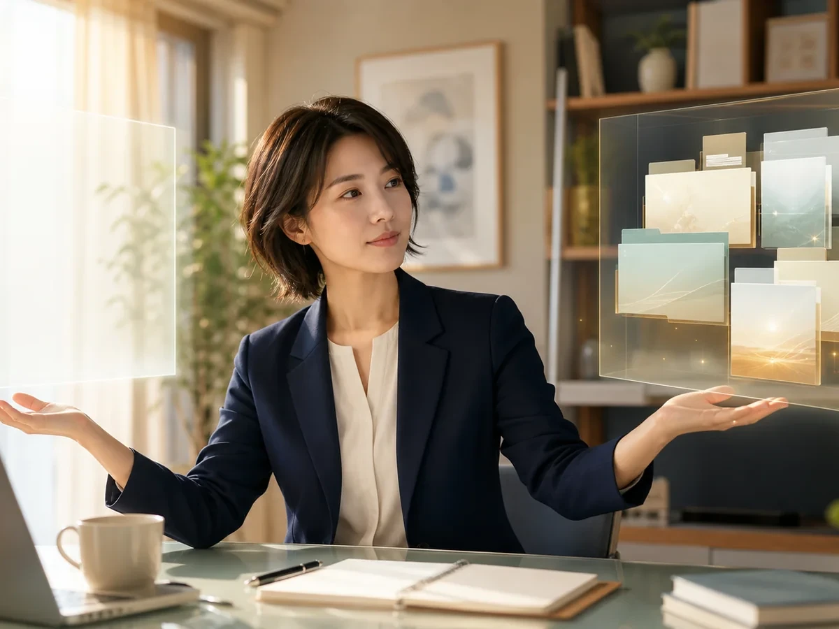 一時的な相談と普段のAIの記憶を選ぶ30代の日本人女性経営者
