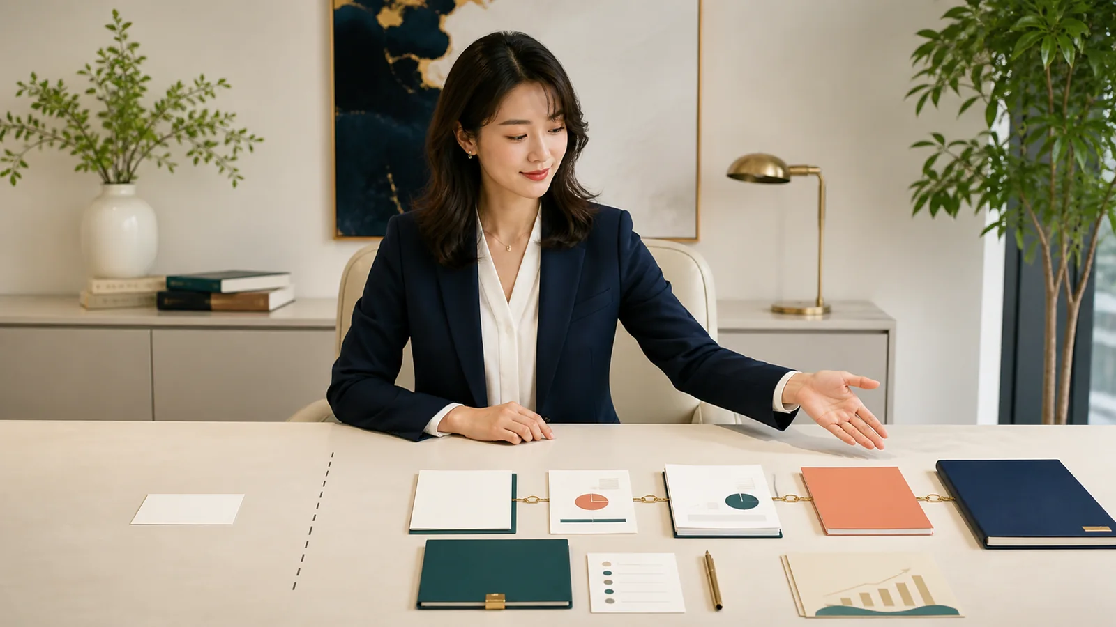 短い仕事と何段階もある長い仕事を比べる30代の日本人女性経営者