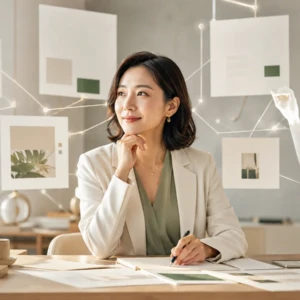 講座資料の変更をAIと整理する日本人女性経営者