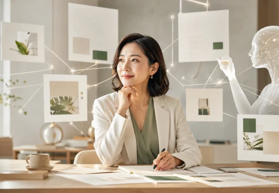 講座資料の変更をAIと整理する日本人女性経営者