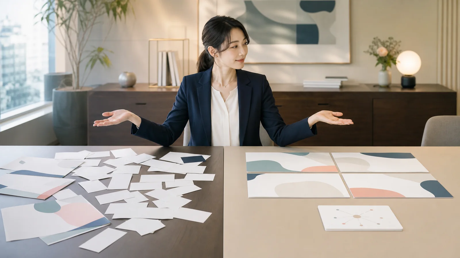 繰り返す資料指示と一つにまとめた手順を比べる30代の日本人女性経営者