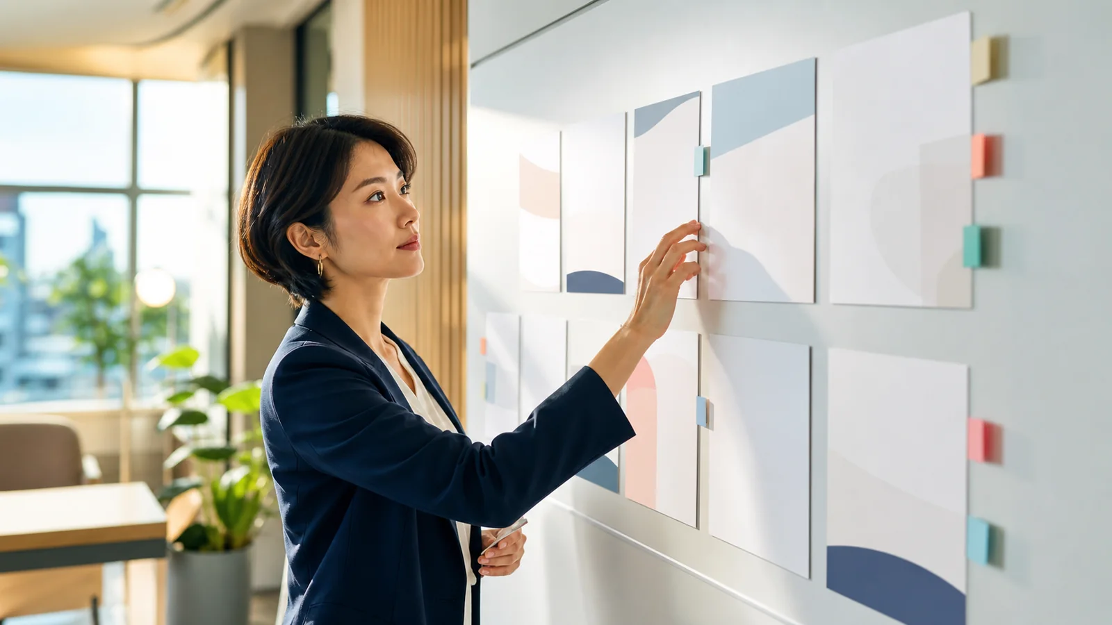 AIが作った資料を最後に確認する30代の日本人女性経営者