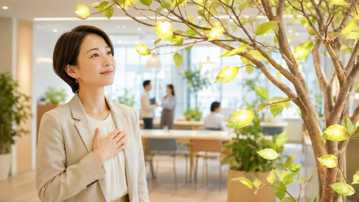 感謝の葉が光る木を見つめる30代の日本人女性経営者