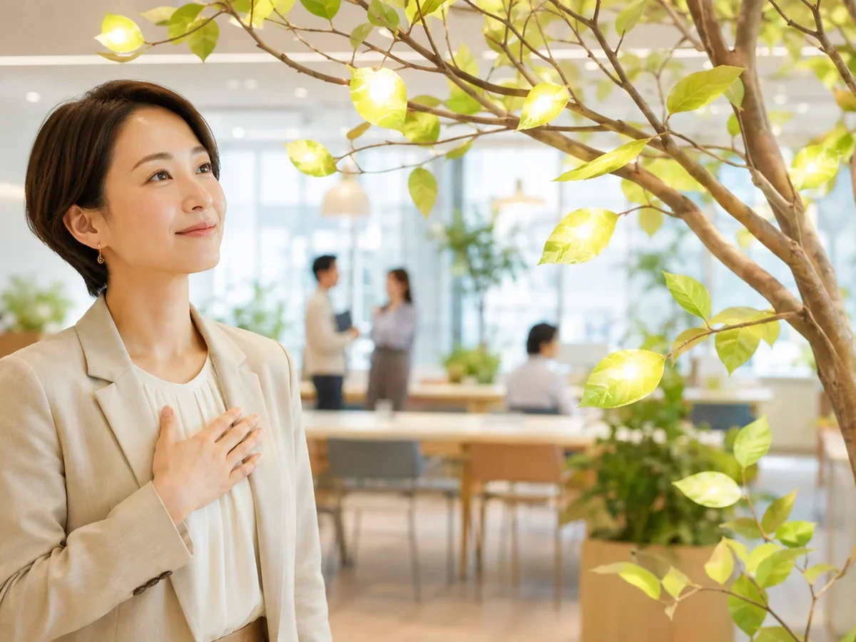 感謝の葉が光る木を見つめる30代の日本人女性経営者