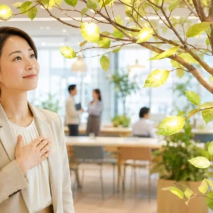 感謝の葉が光る木を見つめる30代の日本人女性経営者