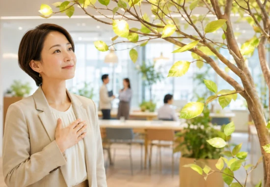 感謝の葉が光る木を見つめる30代の日本人女性経営者