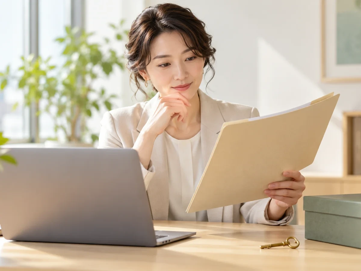 仕事の資料と保管用の鍵を確認する日本人女性経営者