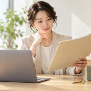 仕事の資料と保管用の鍵を確認する日本人女性経営者