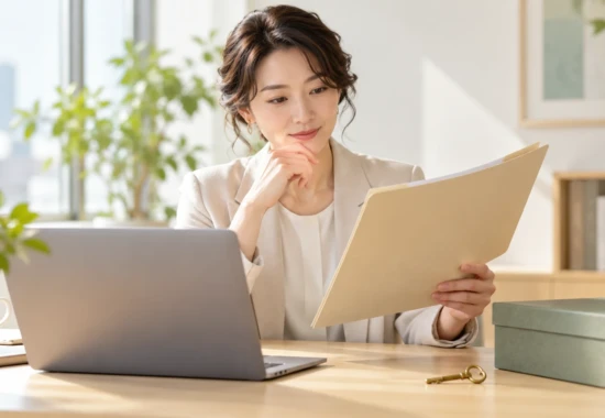 仕事の資料と保管用の鍵を確認する日本人女性経営者