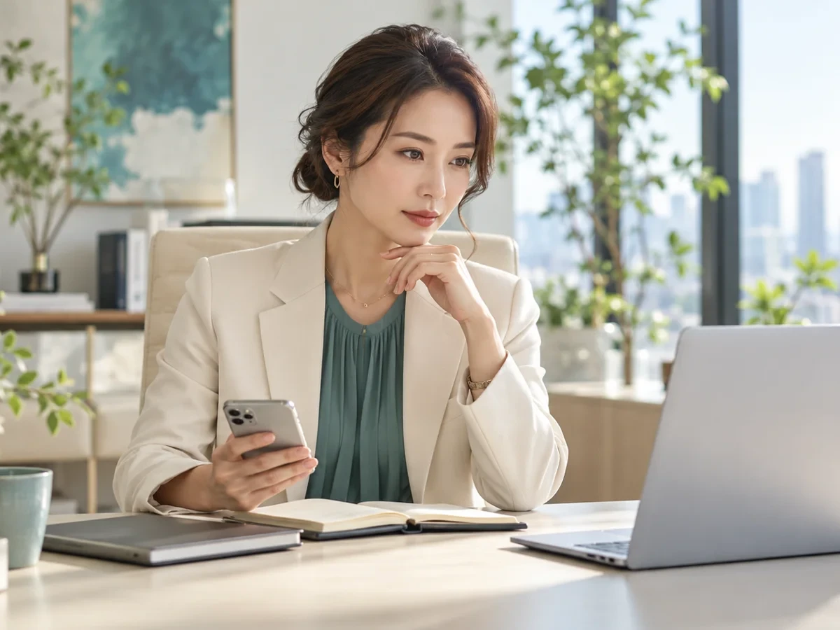 別の端末と電話を使い、落ち着いて状況を確認する女性経営者