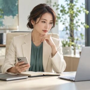 別の端末と電話を使い、落ち着いて状況を確認する女性経営者