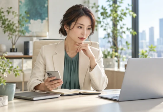 別の端末と電話を使い、落ち着いて状況を確認する女性経営者