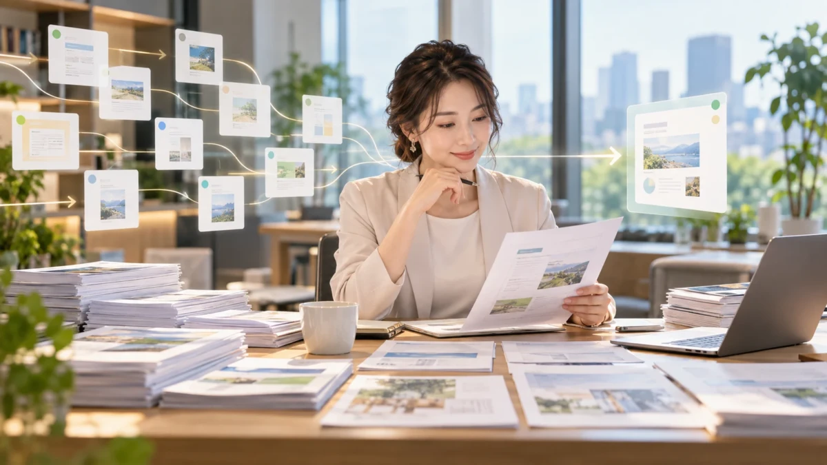 多くの講座資料をAIに整理させ最終確認をする日本人女性経営者