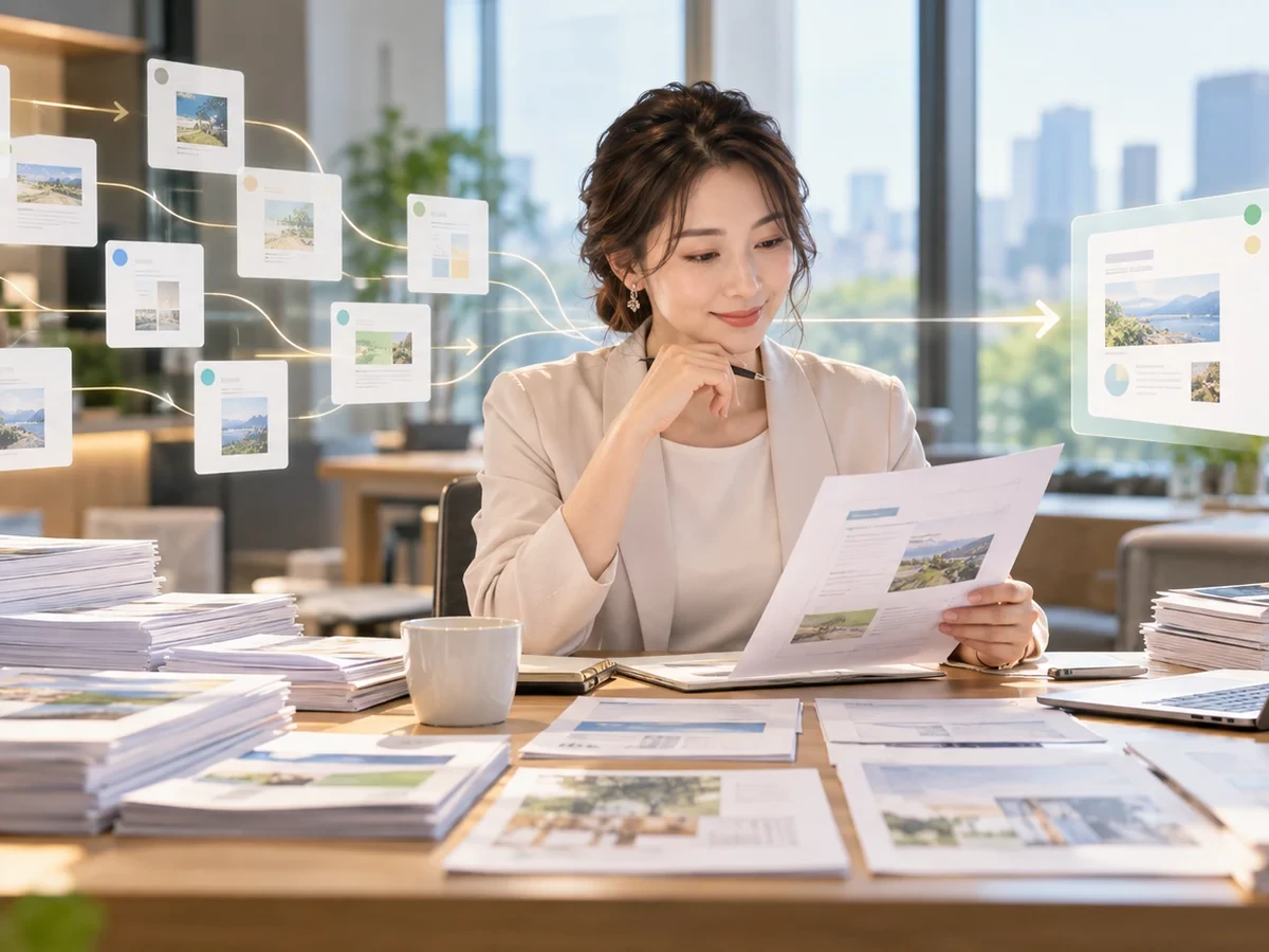 多くの講座資料をAIに整理させ最終確認をする日本人女性経営者