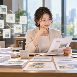 多くの講座資料をAIに整理させ最終確認をする日本人女性経営者