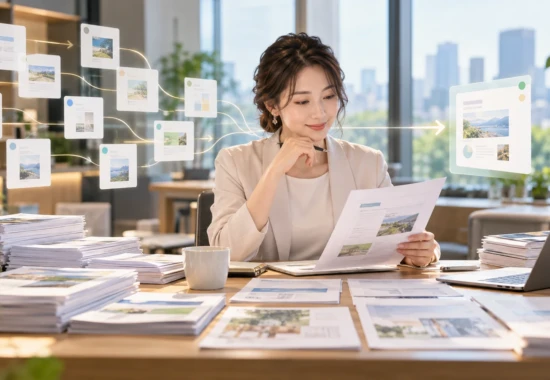 多くの講座資料をAIに整理させ最終確認をする日本人女性経営者