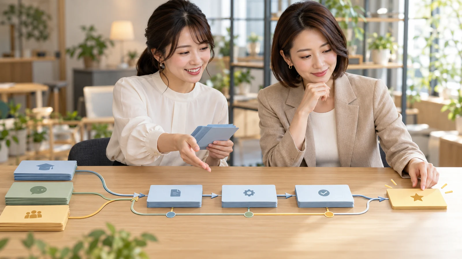 講座資料の更新作業をAIと分担する日本人女性経営者とスタッフ