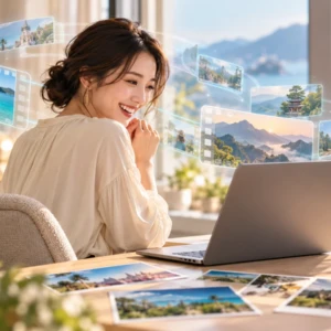 旅の写真や映像をAIとリール動画に仕上げる女性経営者のイメージ