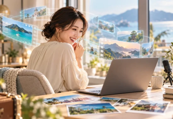 旅の写真や映像をAIとリール動画に仕上げる女性経営者のイメージ
